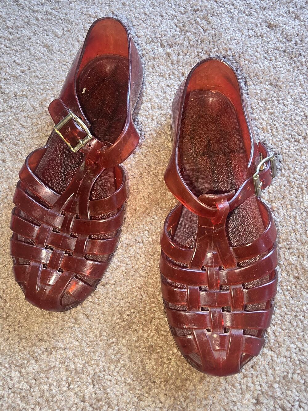 Vintage Late 1970s/80s Unisex Fishermens Style Jelly Sandals - Translucent Amber